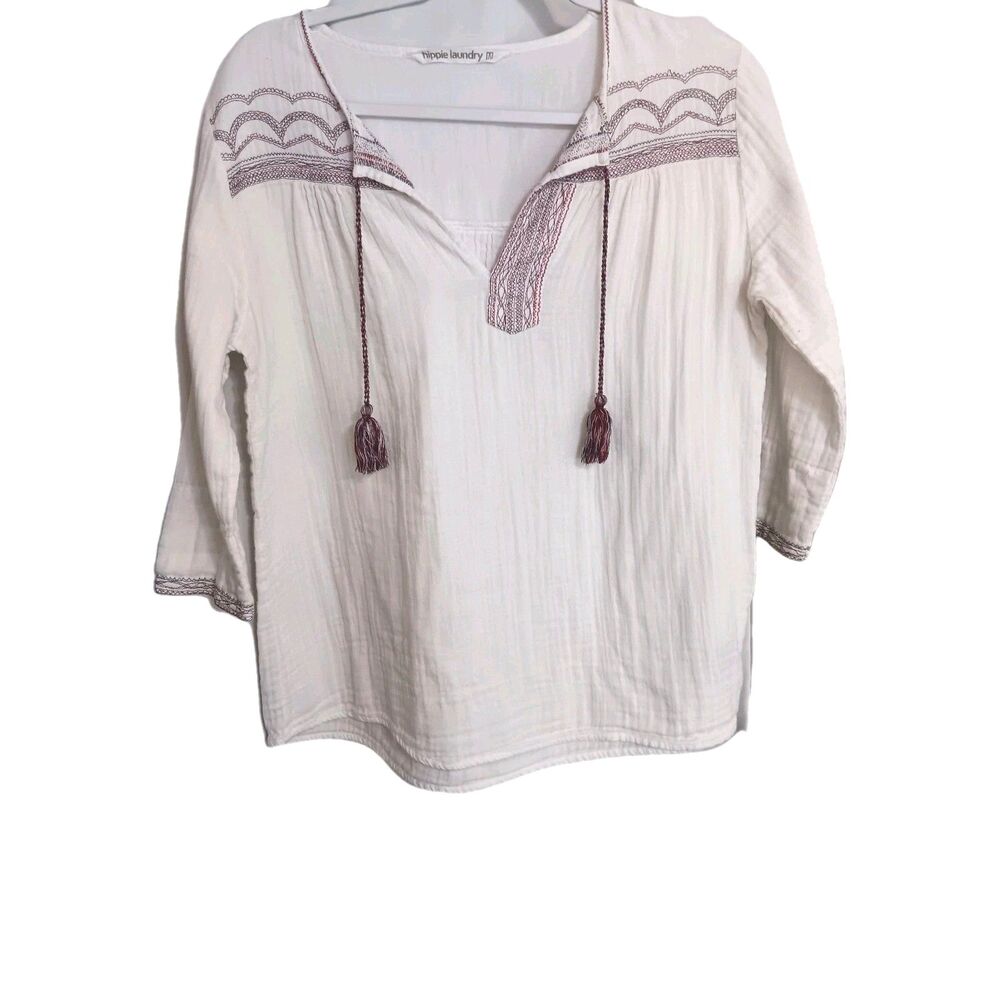 Hippie Laundry Sz M Boho Peasant Blouse Cream W/ Burgundy & Navy Embroidery